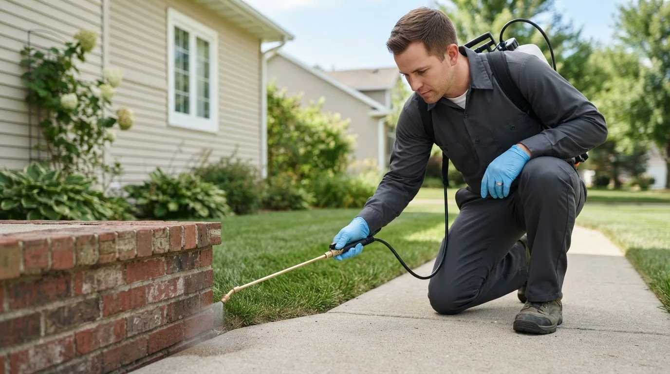 Pest control technician treating a home near Lake Geneva, WI